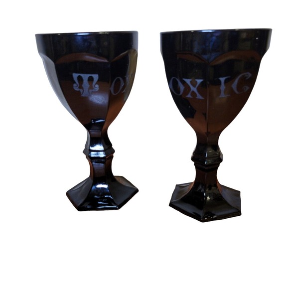 Lot of 2 Black Thick Glass Wine Drink Goblet Chalice Etched Toxic - Picture 3 of 8